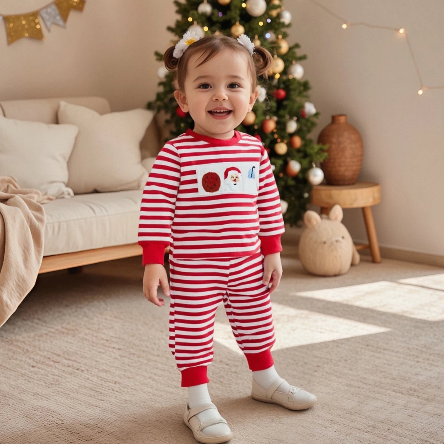 Baby Girl Boy Christmas 2pcs Outfit Striped Santa Embroidered Sweatshirt  Pants Set Toddler Clothes