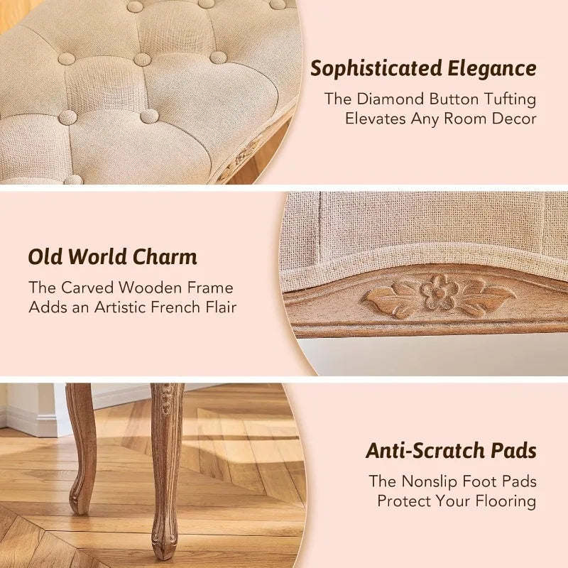 VONLUCE Vintage Dining Bench with Padded Seat&Rubberwood Legs,44" Memory Foam Upholstered Entryway Bench,Tufted Fabric End Beige