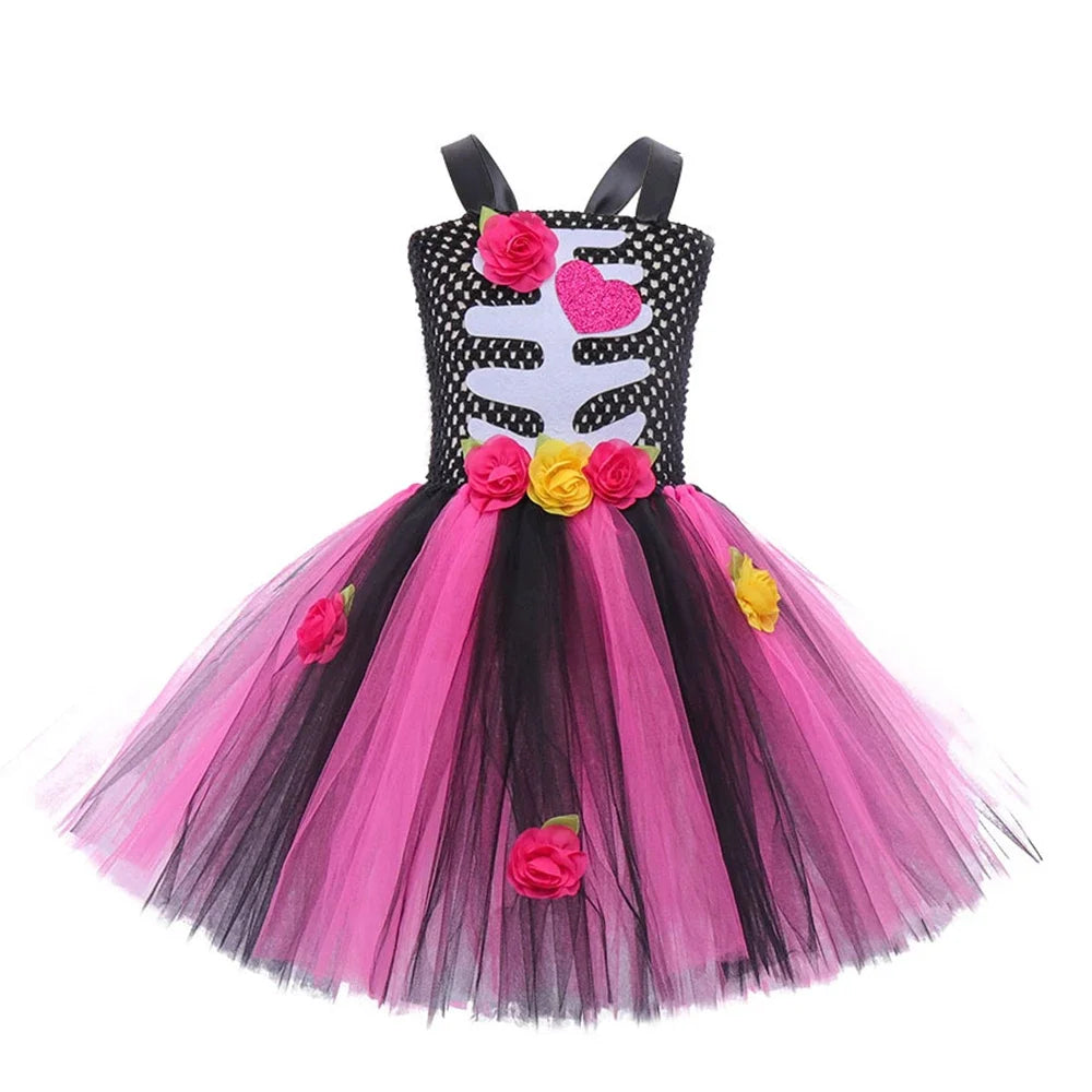 Children's Halloween Zombie Bride Horror Skeleton Vampire Puff Dress Flower Tutu Dress Stage Role Playing  Sleeveless Dress