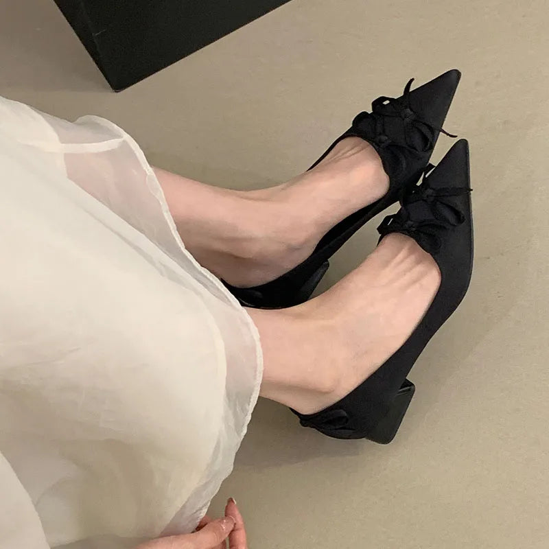Butterfly-Knot Fashion Pointed Toe Ladies Heels Pumps Shoes 2025 New Silk Female Slip On Footwear Shallow Women Low Heel Shoes