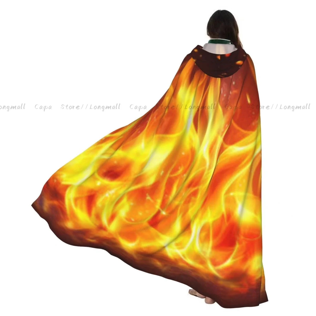 Adult Vampire Cape Hooded Robe Flames Of Fire Background Halloween Cloak Full Length Cosplay