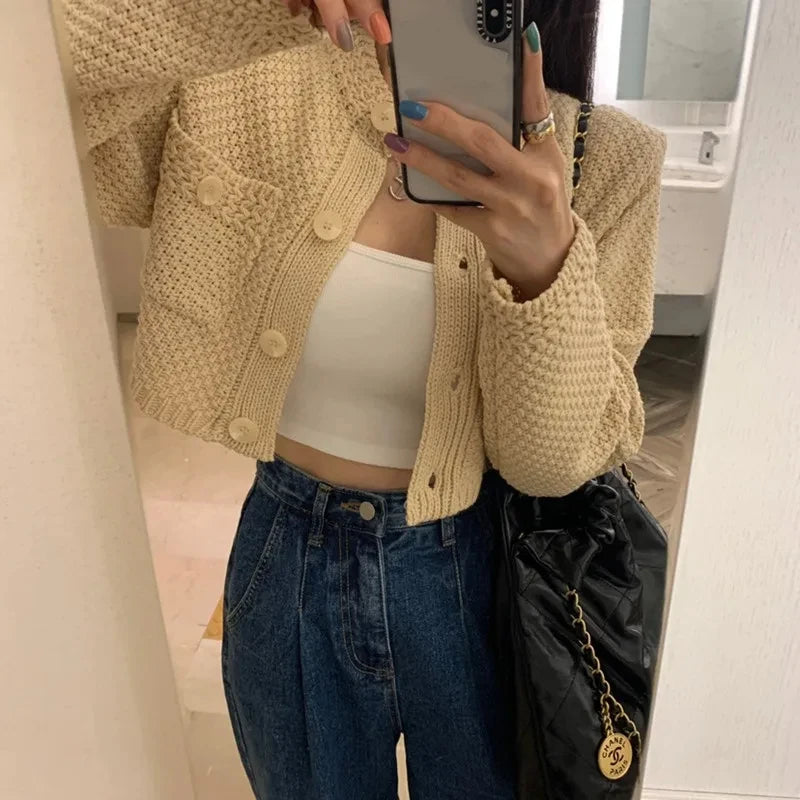 Elegant O Neck Cardigan Knitted Women Short Sweater Coat Pockets Autumn Long Sleeve Loose Spring Korean Versatile Crop Jacket