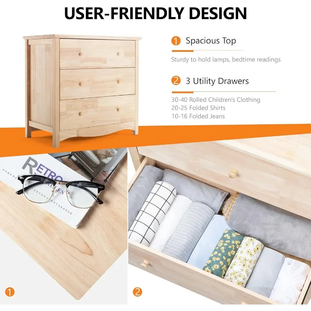 Unfinished Solid Wood Dresser Color DIY, 3 Drawer Dresser for Bedroom, Natural Rubber Wood Chest of Drawers, Baby Dressers