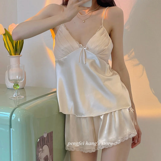 Elegant Champagne Strap Top&shorts Women Sexy Lace Trim Pajamas Suit Satin Nightwear Big Size 3Xl Home Clothes 2Pcs Lingerie