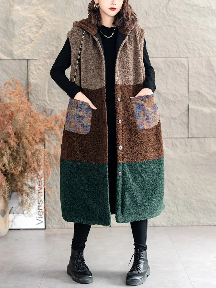 Amax luluE Korean Winter Womens Luxury Fur Padded Long Vest Loose Warm Hooded Sleeveless Coats Classic Casual Thicken Waistcoats