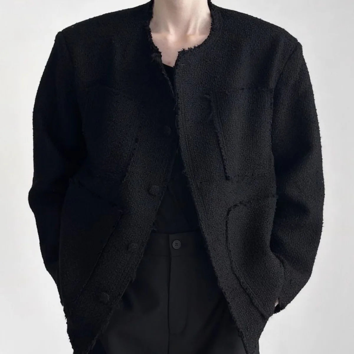 Men's Luxury 4-Pocket Tweed Jacket Korean Streetwear Raw Edge & Woven Oversized Blazer Edgy Spring Autumn Chic Loose Fit Coat