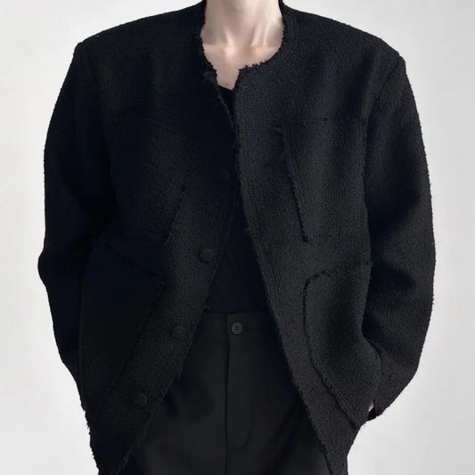 Men's Luxury 4-Pocket Tweed Jacket Korean Streetwear Raw Edge & Woven Oversized Blazer Edgy Spring Autumn Chic Loose Fit Coat