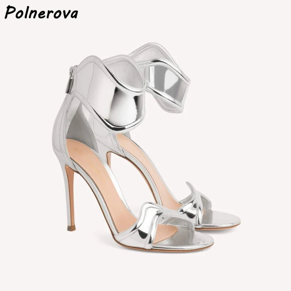 Wave Shape Straight Strap Sandals Ankle Band Silvery Gold Back Zipper Leather Shoes Summer Sexy Stiletto Fashion Sandals 2025
