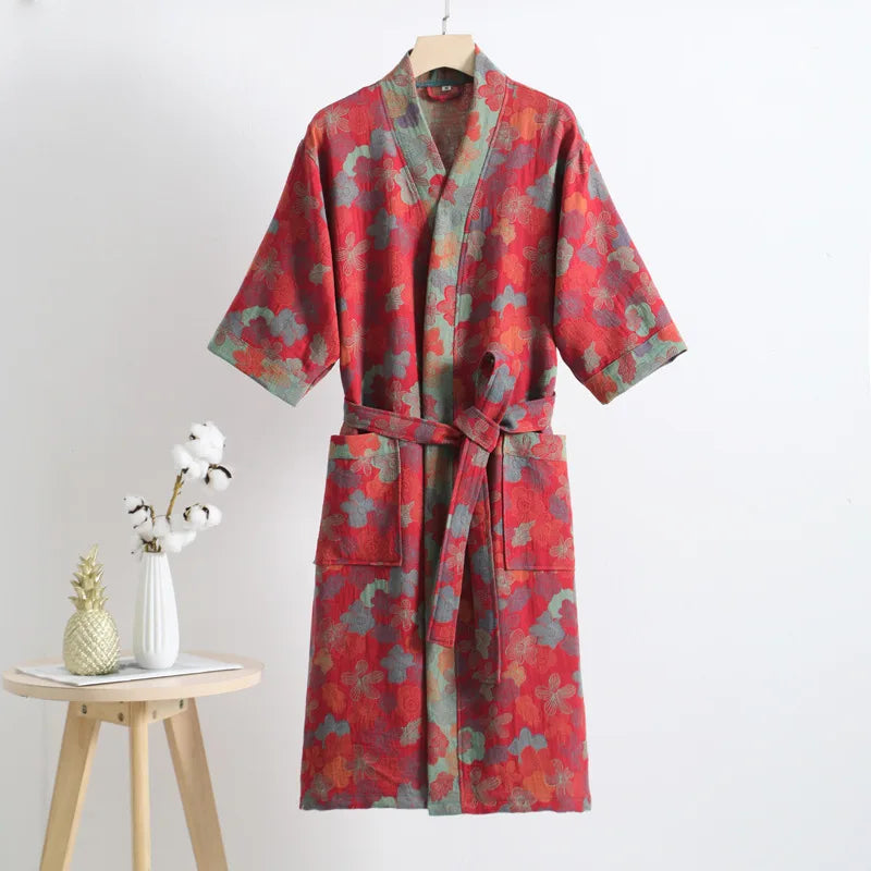 Double Layer Cotton Gauze Long Robe Retro Jacquard Kimono Bathrobe Gown Spring Summer Sleepwear Couple Pijama Loose Lingerie