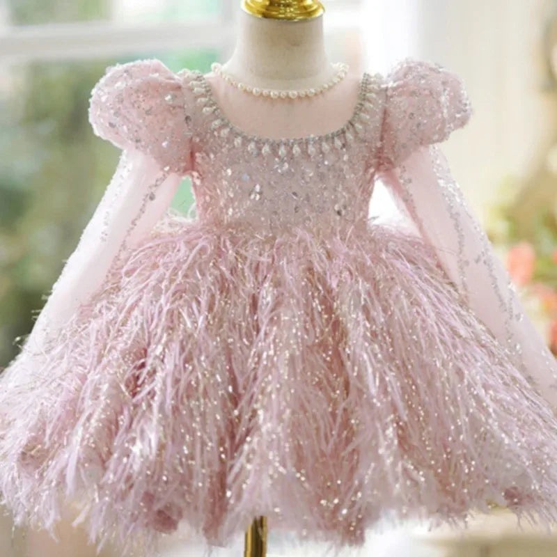 Fashion Baby Girl Princess Sequins Feather Dress Puffy Sleeve Toddler Child Pearl Vestido Party Birthday Baby Clothes 2-14Y
