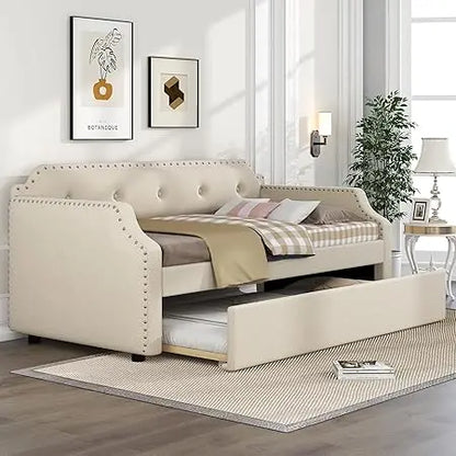 LZ LEISURE ZONE Twin Daybed, Twin Size Luxury Tufted Button Daybed, Upholstered Twin Daybed Frame, Sofa Bed for Bedroom Living R