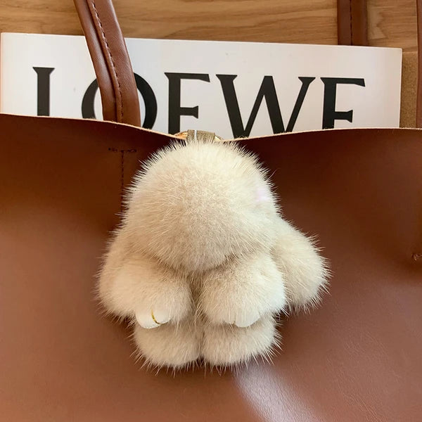 Mink Bunny Keychain Pompon Keyring Bunny For Women Bag Charms Car Key Chain Cute Rabbit Key Ring On Bag Car Trinket Pendant Gift
