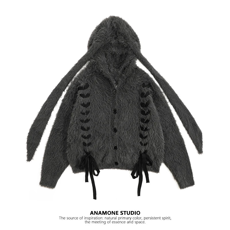 Y2K Subculture Japanese Original Rabbit Ear Hooded Sweater Winter Cute Style Sweet Soft Girl Cardigan Coat for Women