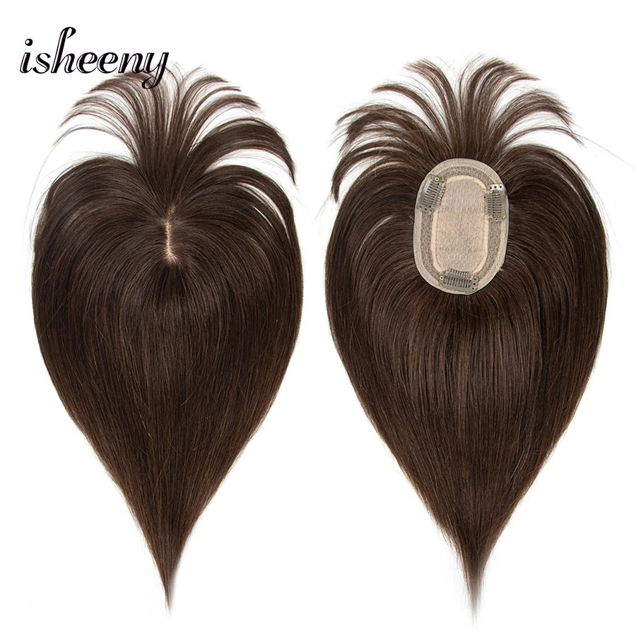 isheeny Dark Brown Human Hair Toppers 8x12cm Real Natural Invisible Top Hairpiece 8-14 inches Black Blonde Clip In Hair Piece