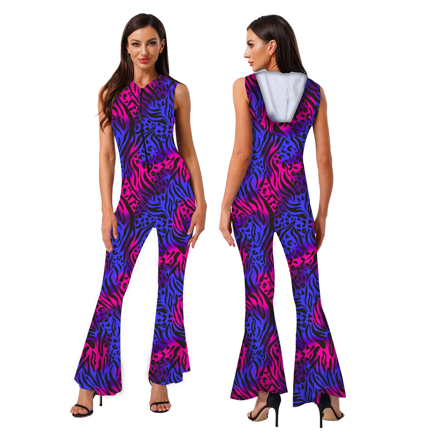 Women Halloween 90s Disco Hippie Cosplay Costume Sleeveless Zipper Printed Bell-Bottom Hooded Jumpsuit for Theme Party Carnival