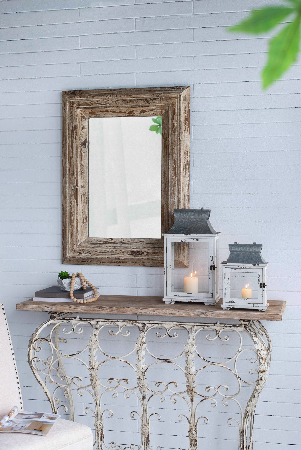 Set of 2 White Wood & Metal Hurricane Candle Lanterns