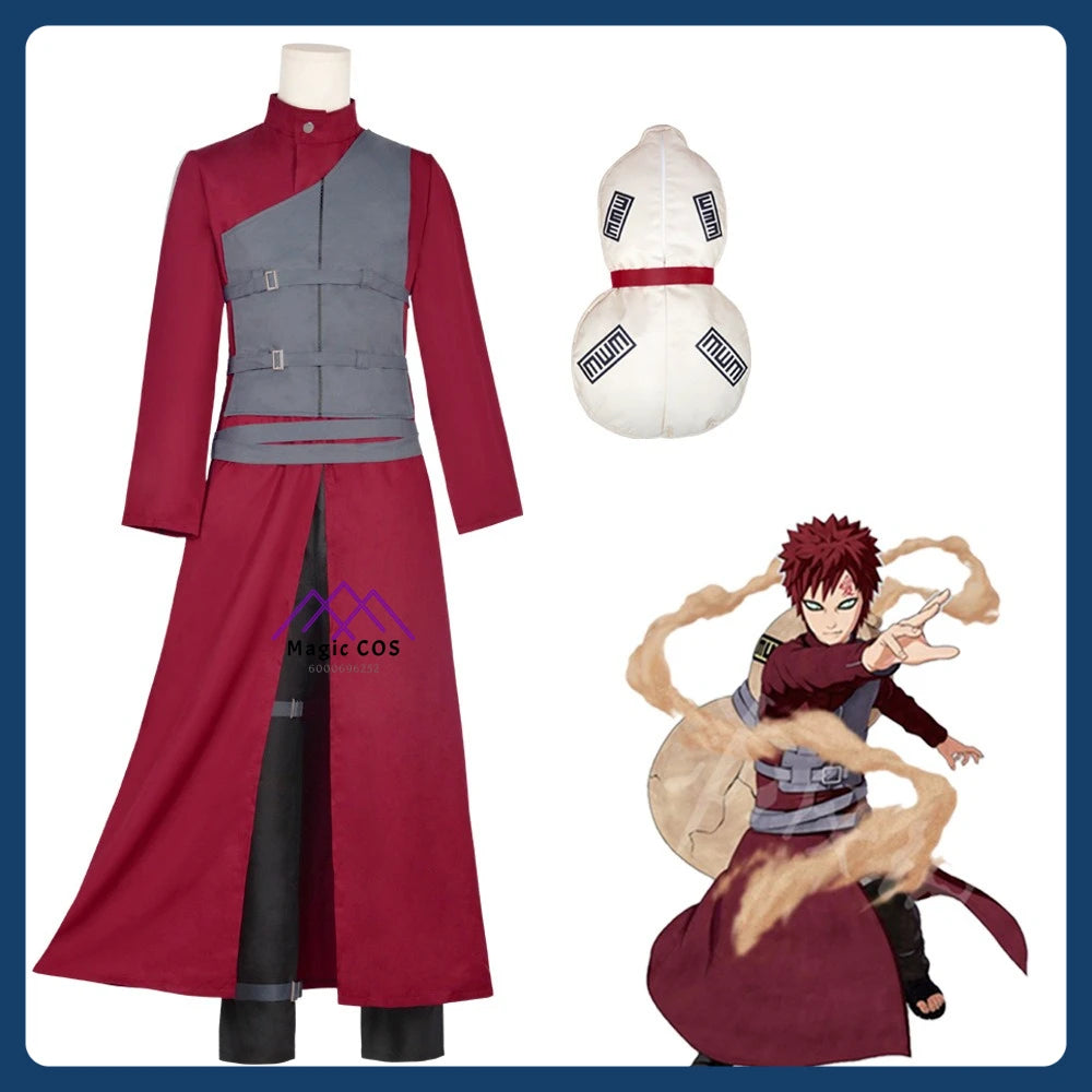 Anime Gaara Hyuga Cosplay Costume Role Playing Clothes with Bag Full Set Red Outfit for Men Adult Comic Con Halloween Party Suit