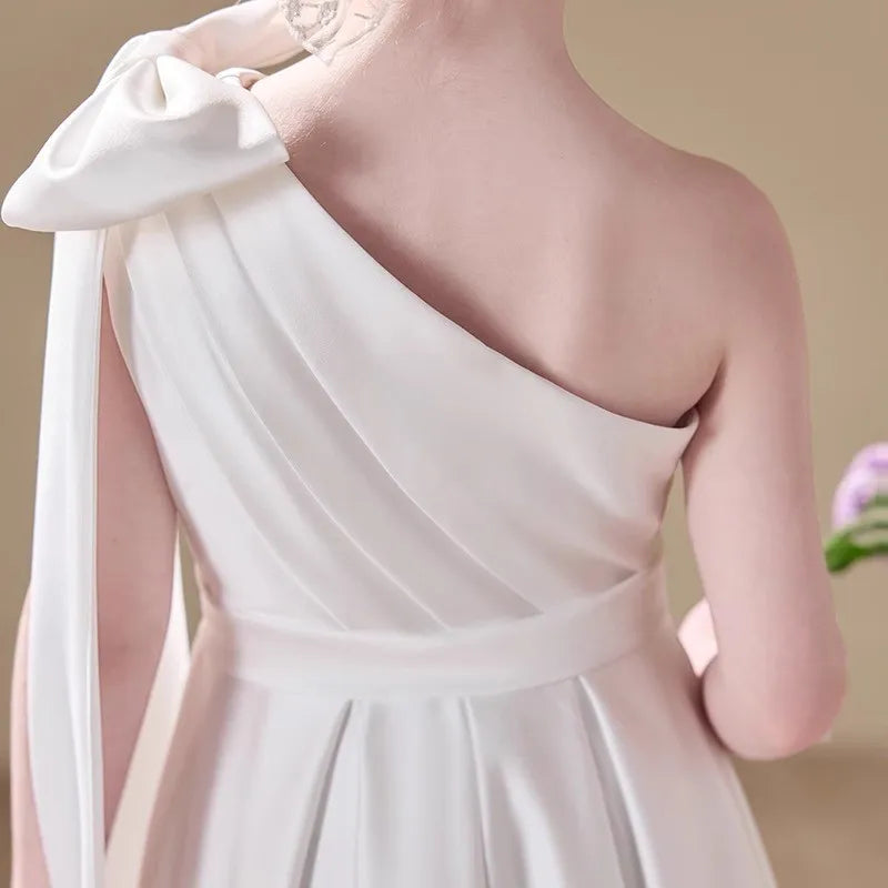 Fashion Baby Girl Princess Bow Satin One Shoulder Long Dress Child Elegant Vestido Wedding Party Birthday Baby Clothes 1-14Y