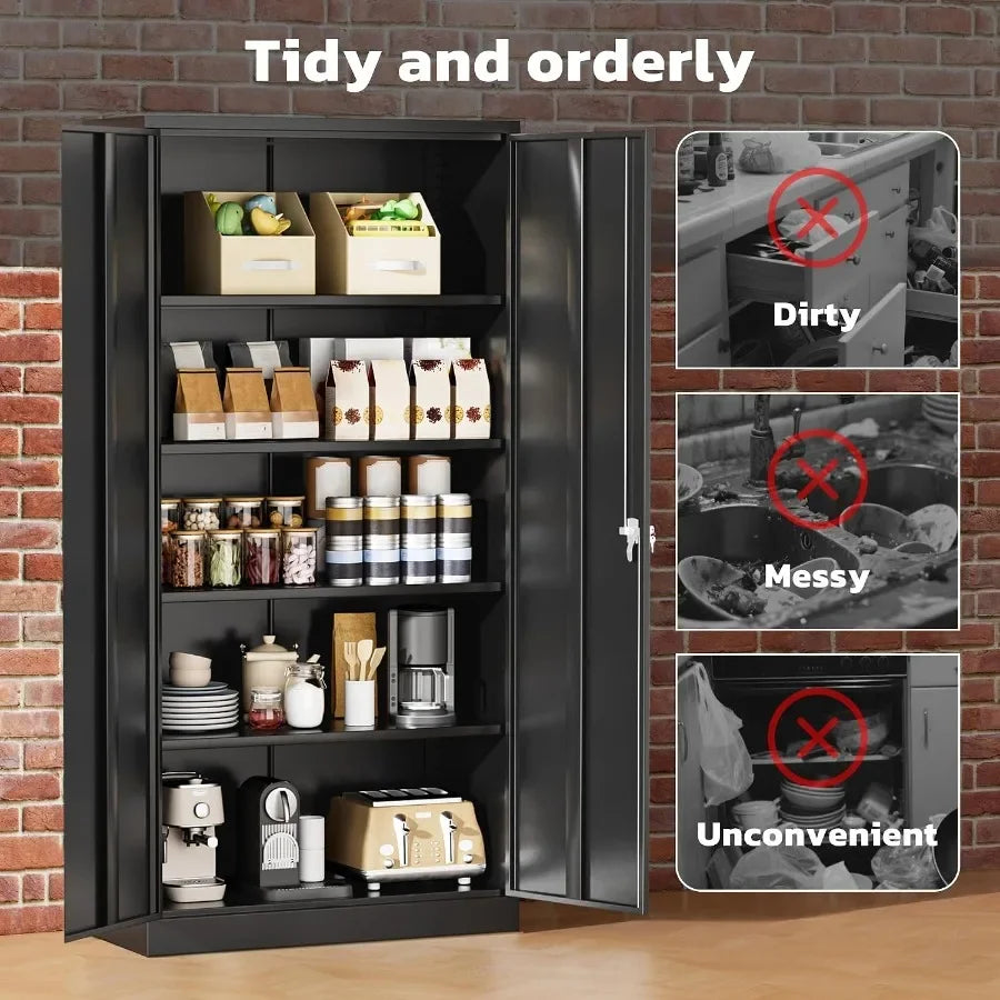 Office, home, garage, school storage cabinet; metal; black; 72 H x 36 W x 18 D with 2 doors and 4 adjustable shelves