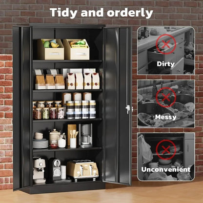 Office, home, garage, school storage cabinet; metal; black; 72 H x 36 W x 18 D with 2 doors and 4 adjustable shelves