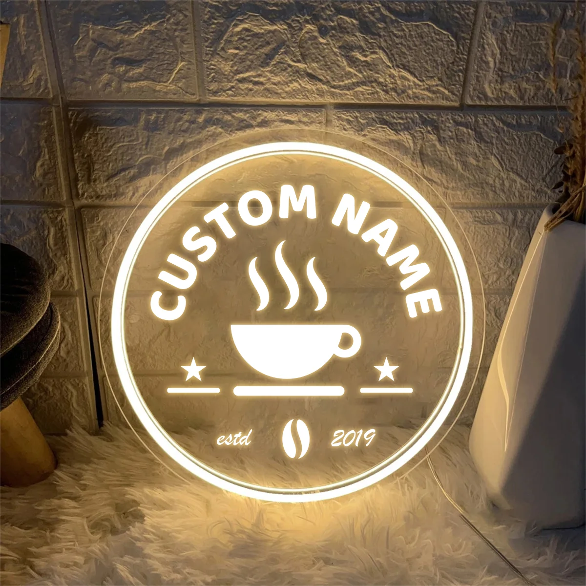 1PC Customizable Coffee Themed Neon Sign Round Acrylic USB Powered Wall Hanging Light For Coffee Shop Personalized Night Lamp