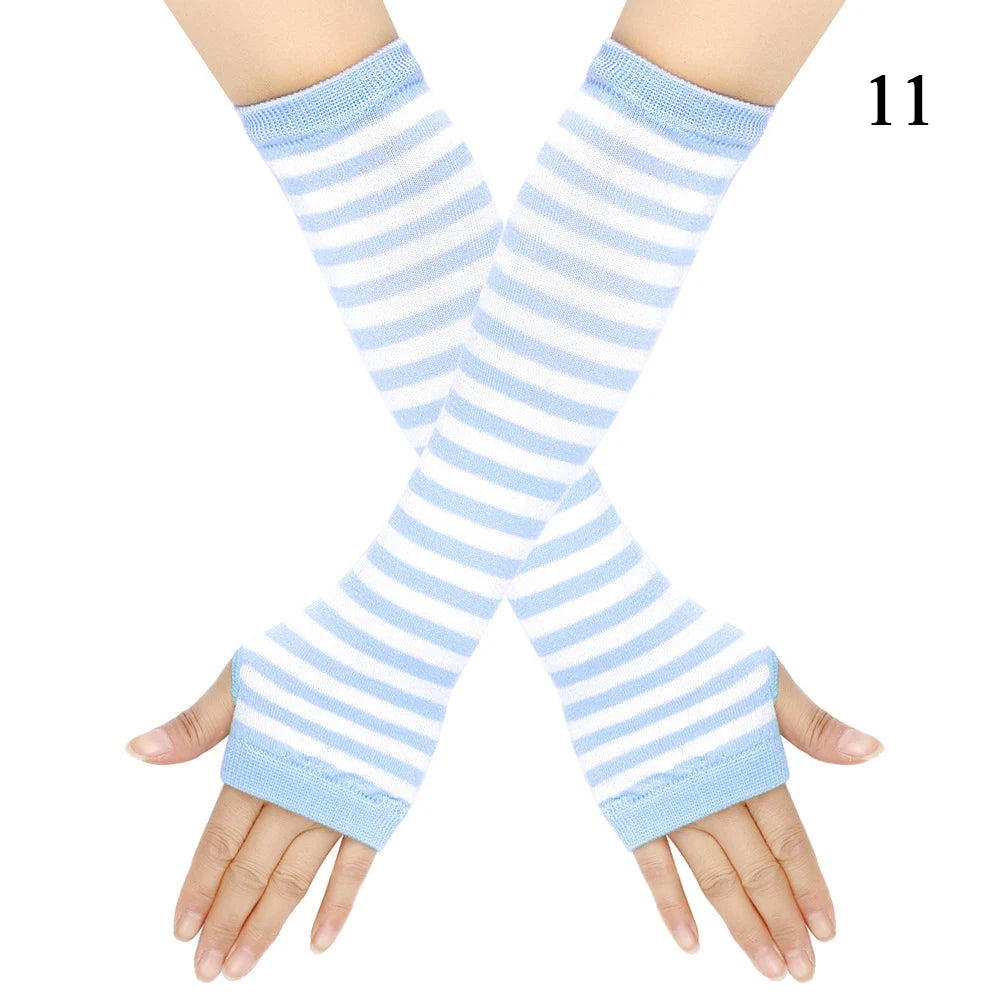 Macaroon Color Striped Long Sleeves Fashion Punk Long Fingerless Gloves For Women Men Outdoor Christmas Ornament  Arm Warmer