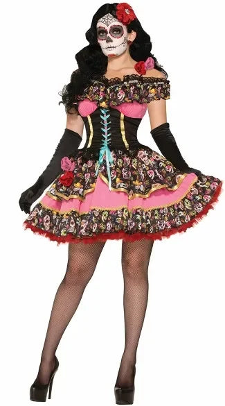 Carnival Party Halloween Mexico Day Of The Dead Women Sexy Sugar Skull Flower Fairy Ghost Bride Costume Cosplay Fancy Dress