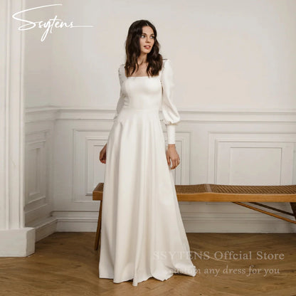 SSYTENS Elegant Square Neck A Line Wedding Dresses Full Sleeves Long Bridal Gown Woman Open Back Pleats Customized Bride Dress