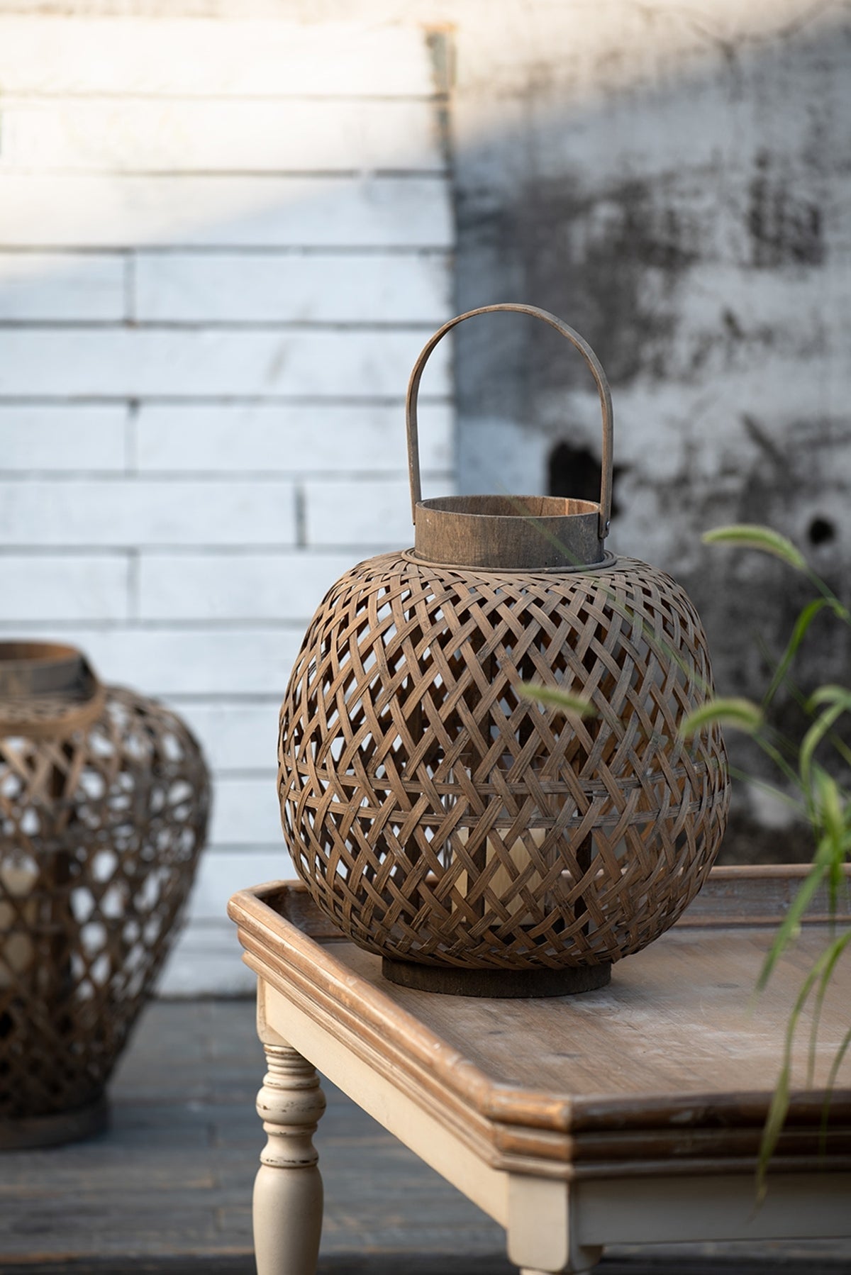 Oval Wood Lattice Candle Lantern with Glass Holder, 13.8 in Tall