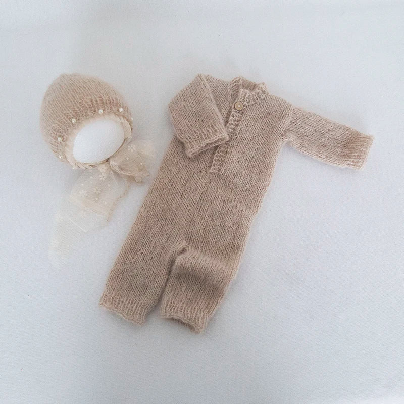 Hand Knitted Wolf Pup Footed Outfit Set Baby Boy Animal Romper Newborn Photography Prop Fuzzy Crochet Teddy Bear Overall Clothes