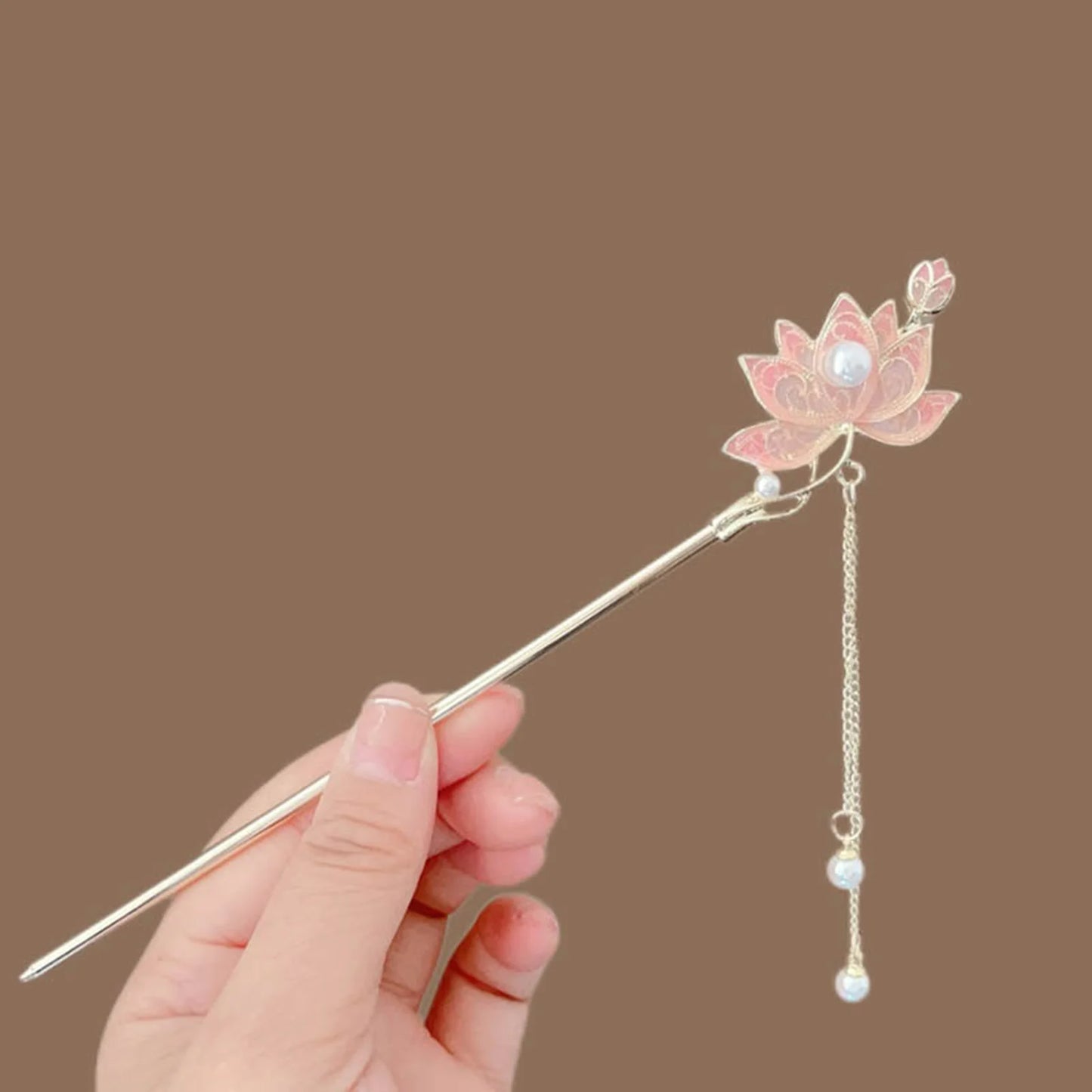 New Chinese Style Alloy Hair Sticks Forks Lotus Flower Decor Pearls Chain Pendant Hairpins Women Girls Hair Bun Maker Jewelry