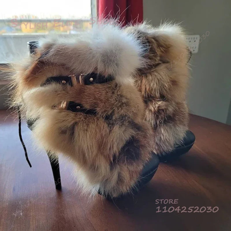 Long Hair Tassel Brown Calf Black Leather Boots Women Round Toe Platform Stiletto Heel Buckle Zip Grey Plush Ankle Booties Shoes