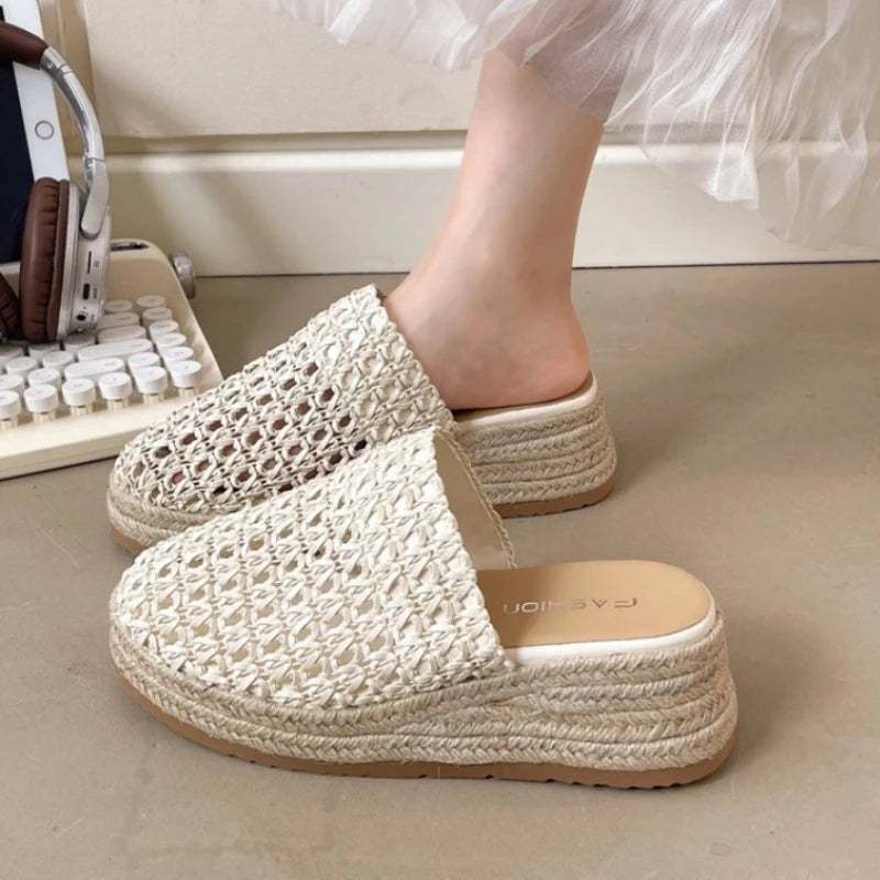 Women Platform Mules Slippers Weave Summer Mesh Shoes Casual Slingback Sandals New 2025 Fashion Hollow Woman Flip Flops Zapatos