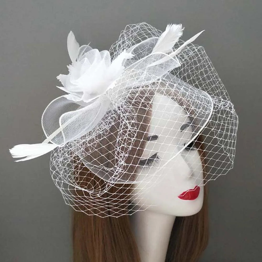 Fashion Feather Mesh Fascinator Hat Bow Elegant Veil Hat Headwear Hair Hoop Headdress Bride Headband Wedding