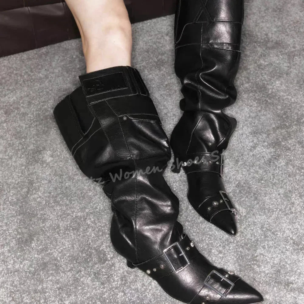 Pant Calf Rider Boots Rubbed Stacked Vintage Elegant Concise Sexy Wide Mouth Genuine Leather Slip-On Belt Buckle Women Shoes New