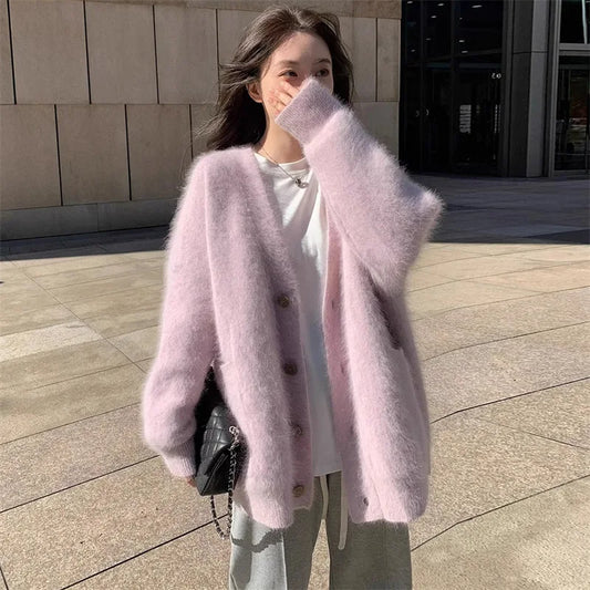 Cardigan Knit Sweater Women Single Breseted V Neck Coat Solid Long Sleeve Splice Jumpers Elegant Coat Loose Autumn Winter