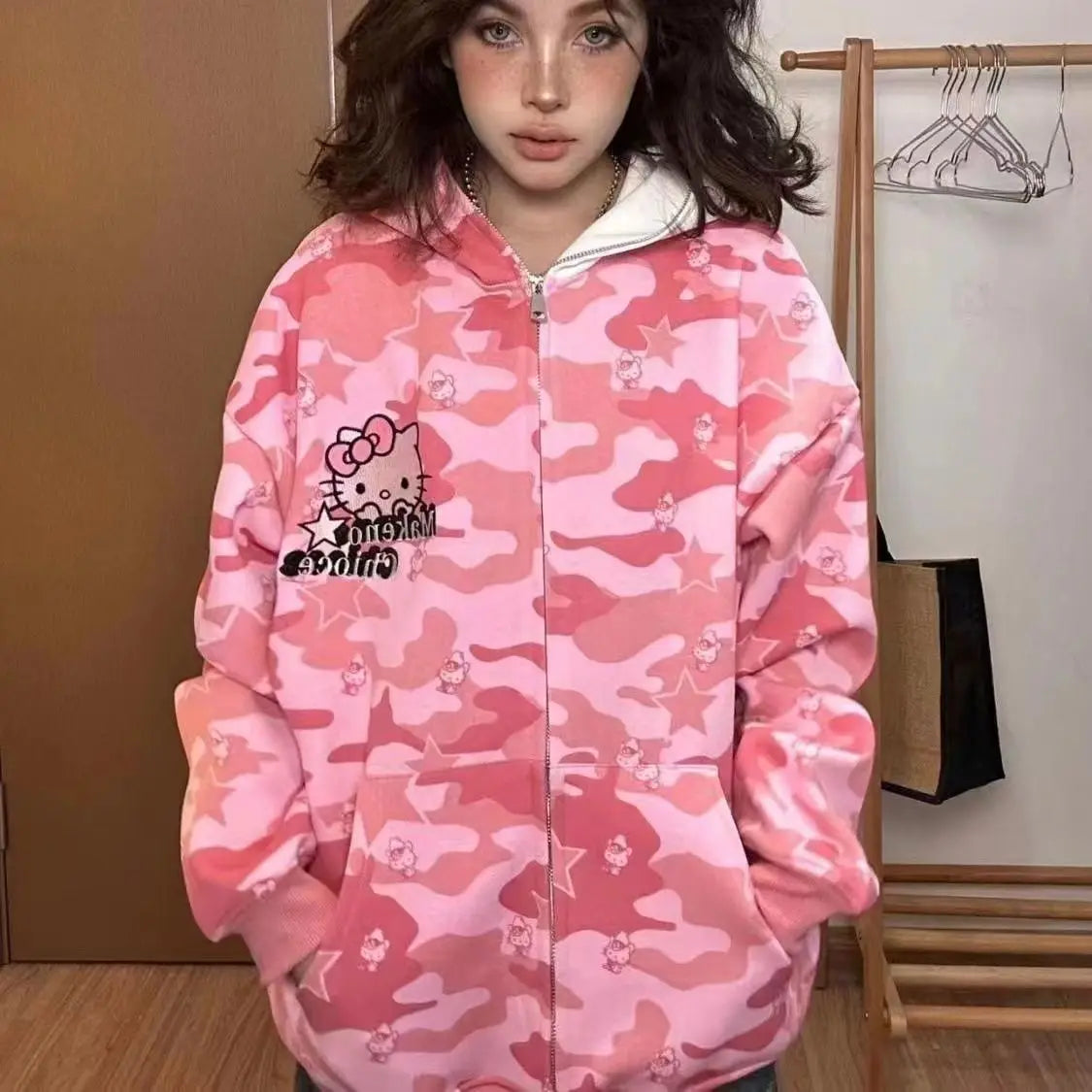 Miniso Cartoon Hello Kitty Hooded Zipper Sweater Kawaii Y2K Couple Cardigan Pure Cotton Camouflage Jacket Trendy Christmas Gift