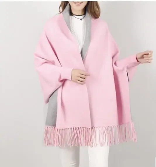 New Colors Black Women Outstreet Loose Knitwear Capes Solid Autumn Winter Knitted Batwing Sleeves Long Poncho Female Tassel Coat