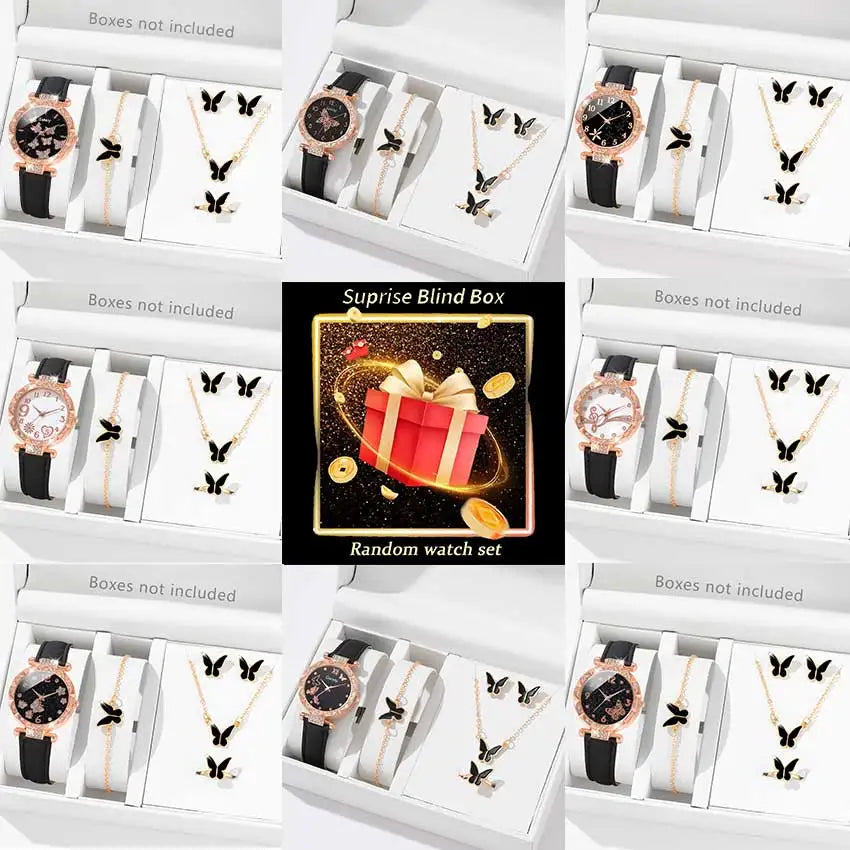 6PCS Women's Watch Set Trendy Versatile Butterfly Elements Quartz Watch Bracelet Necklace Earrings Ring Set Perfect Gift for Her