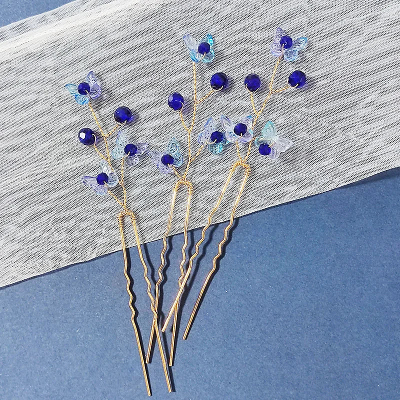 3PCS Women Blue Color Flower Hairpin Stick Wedding Bridal Crystal Pearl Hairpin U Shaped Hair Clip Barrettes Hair Accessories
