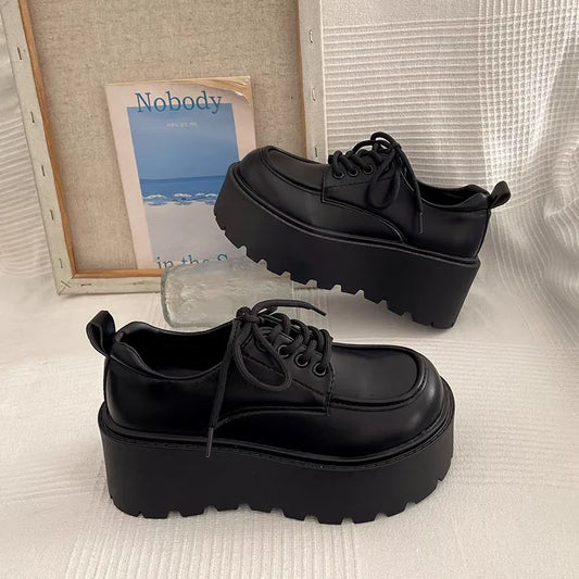 Women's Slope Heel Shoes Fall New Round Head Deep Mouth Front Lacing Thick Sole Non-slip Low Top Shoes