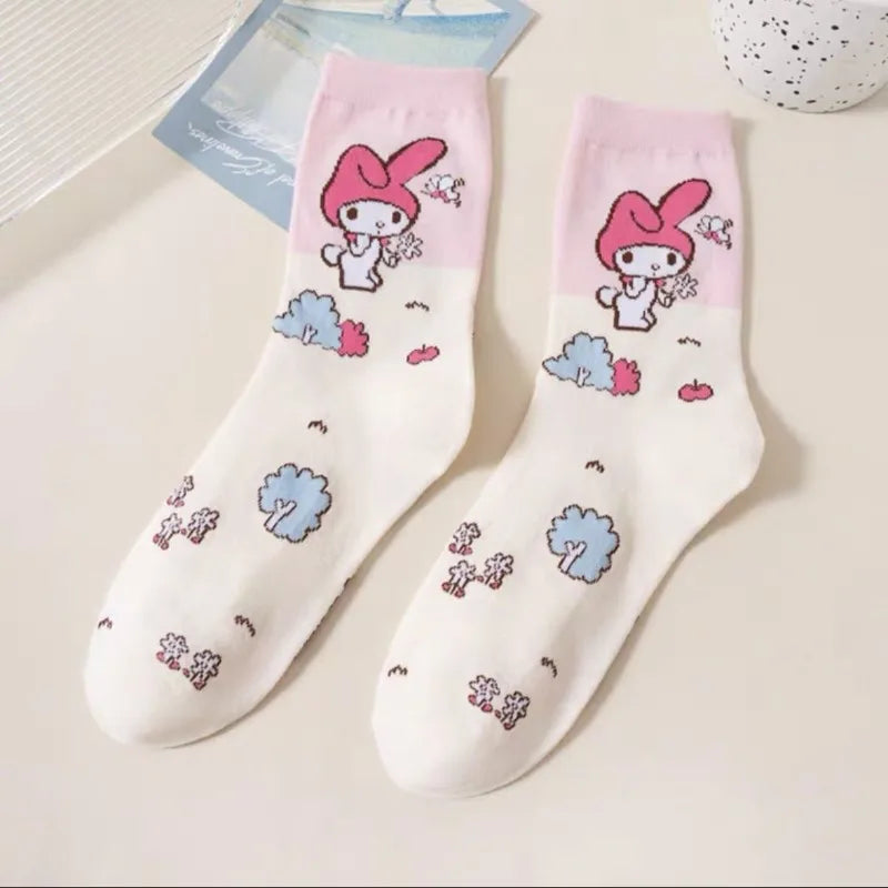 Cartoon Sanrio Hello Kitty Women's Socks My Melody Cute Girl Mid-tube Cotton Socks Kawaii Student Sock Girl Kids Christmas Gift