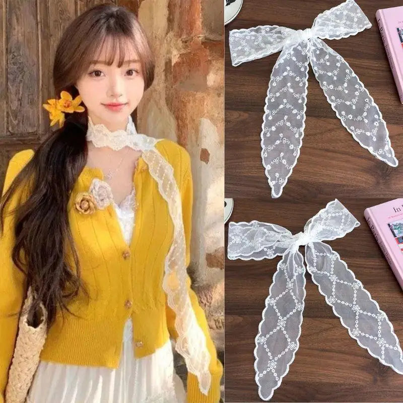 Y2k Women Narrow Long Scarf Elegent Lace Bow Necklace For Women Choker Long Ribbon Scarf Shawl Embroidery Headband Hair Scarf