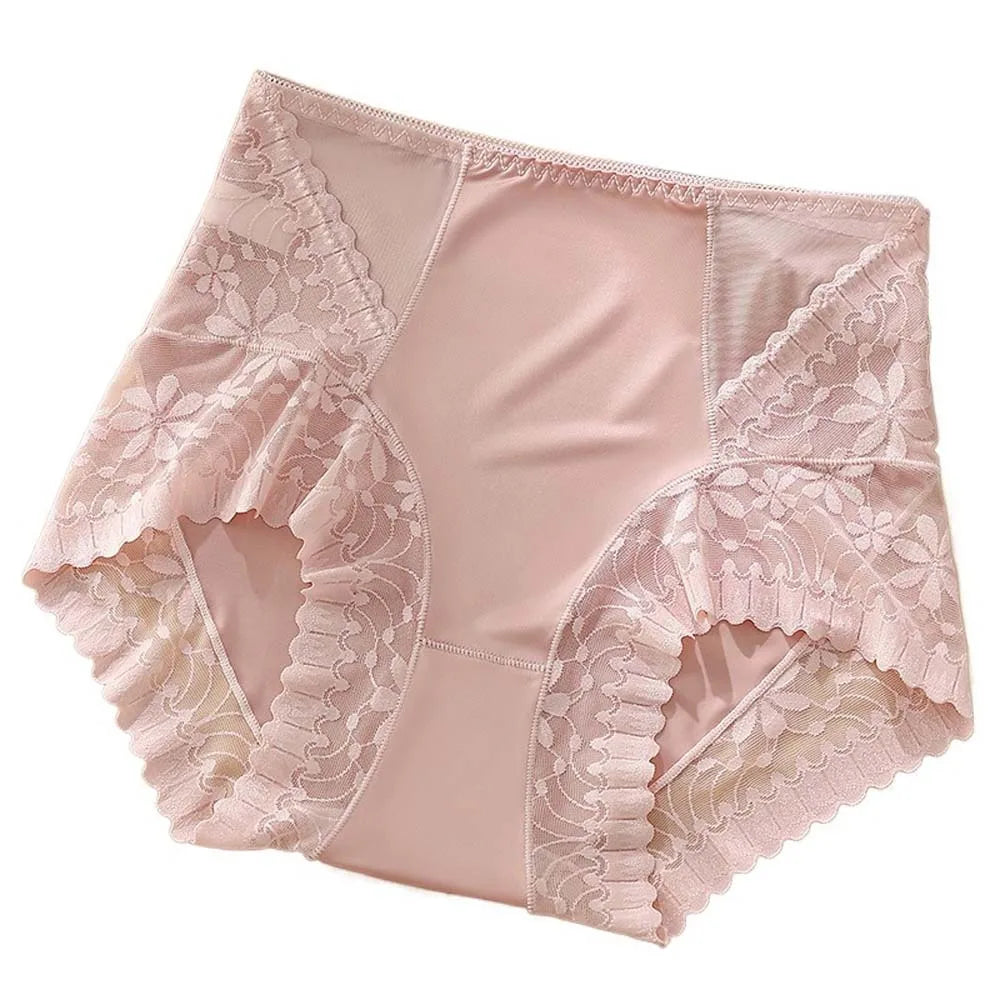 Satin Women Silk Panties Lingeries Belly Contracting Plus Size Briefs High Waist Solid Color Ice Silk Lace Underpants Girls