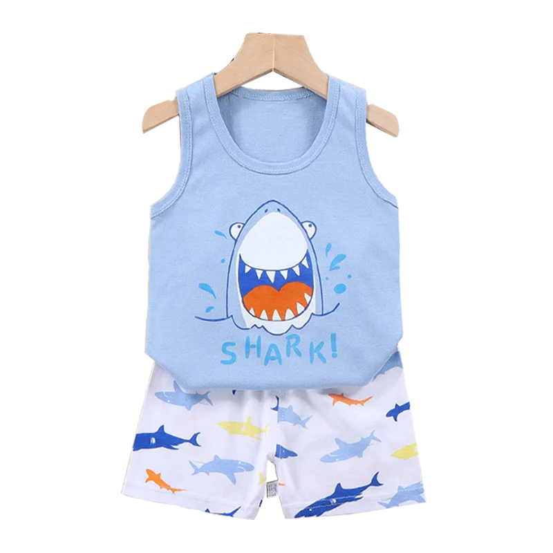 Kids Baby Boys Girls Cotton Breathable Vest+Shorts 2-Piece Set Cartoon Printing Summer Tracksuit Casual Clothes Suit 1-6 Years