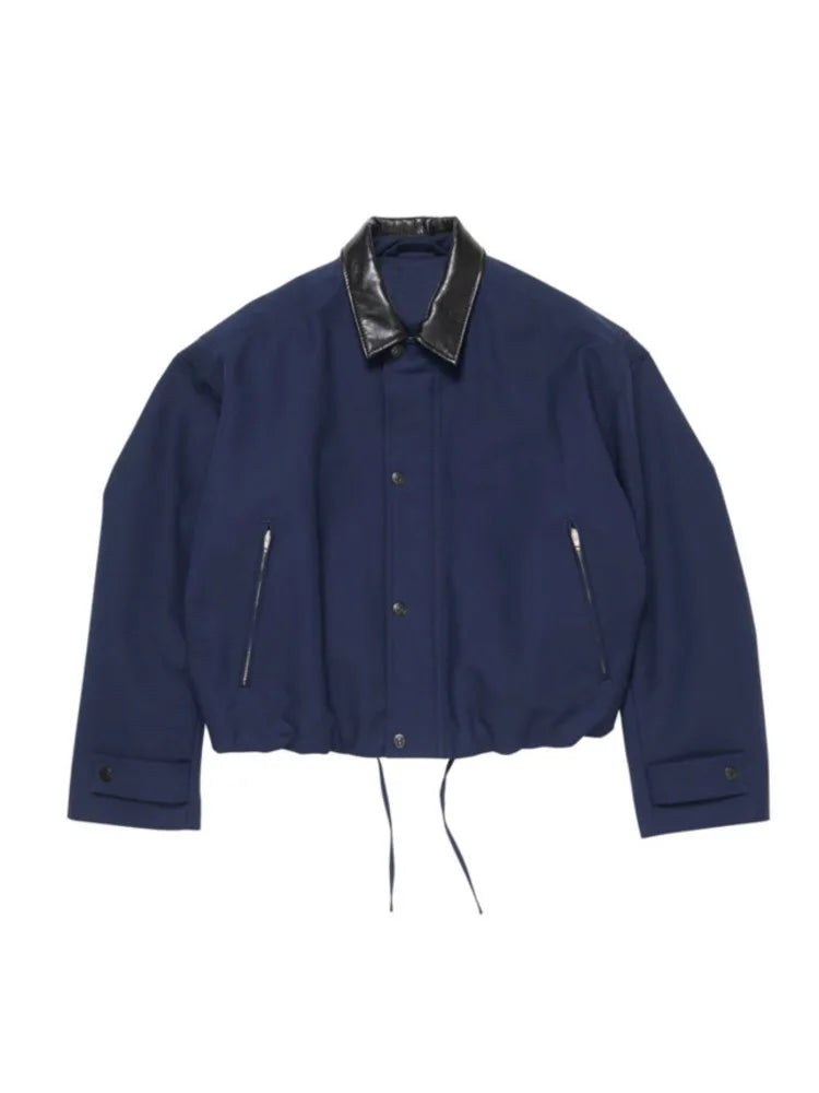 HKSH Spring Autumn New Man Tide Short Wide Fit Black Sheepskin Collar Safari Style Short Jacket Patchwork Chic Ins Coats HK11188