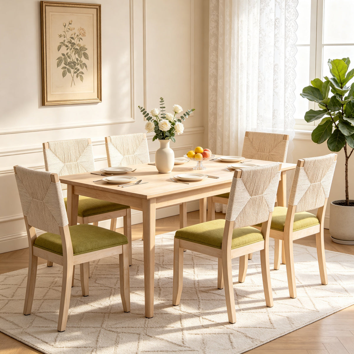 Dining Chairs Set of 2 with Woven Rope Backs and Linen Seats, French