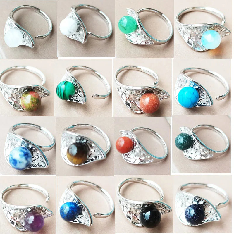 Jaspe Howlite Crystal Aventurine Tiger Eye Blue Sand Carnelian Malachite Lapis Lazuli Howlite Goldstone Leaf Bead Ring  PWB921