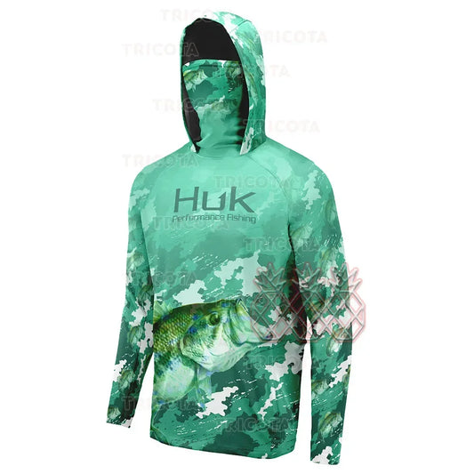 HUK Fishing Shirt Mask Outdoor Men UV Protection Fish Hoodie Clothing Long Sleeve Breathable Performance Fishing Jersey UPF 50+