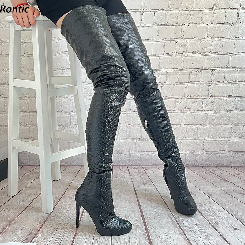 Rontic 2025 Women Winter Thigh Boots Platform Fish Scale Side Zipper Stiletto Heels Round Toe Black Ladies Shoes US Size 5-20